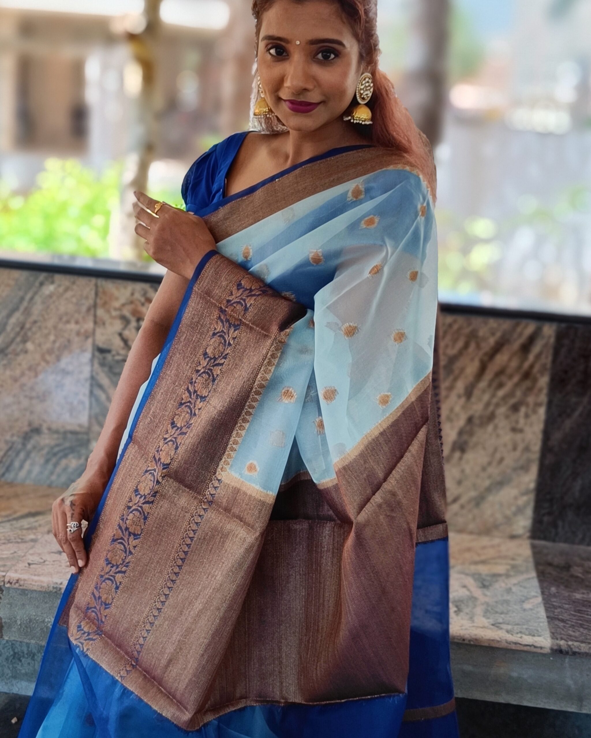 Aqua Blue Organza Saree - Image 2