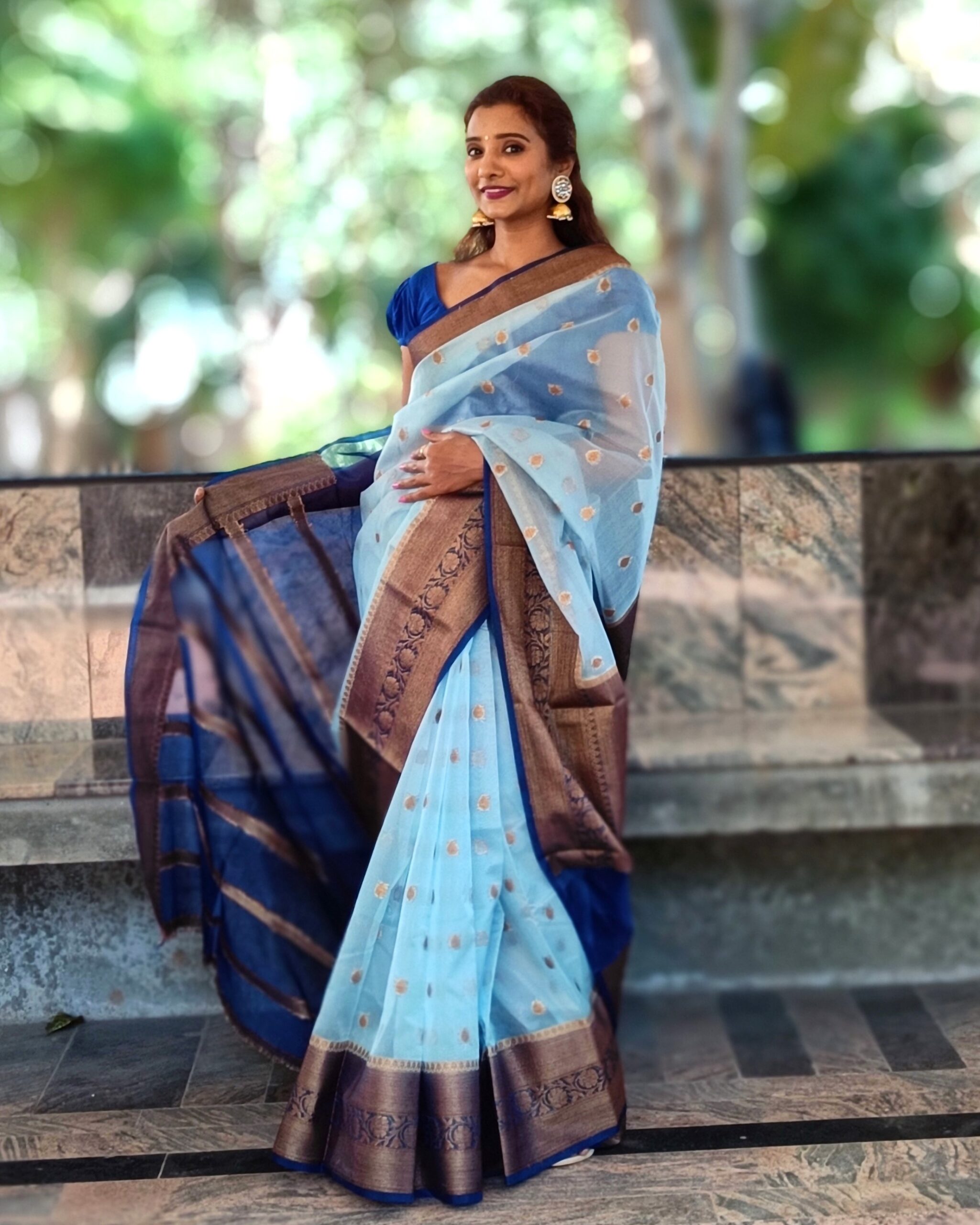 Aqua Blue Organza Saree